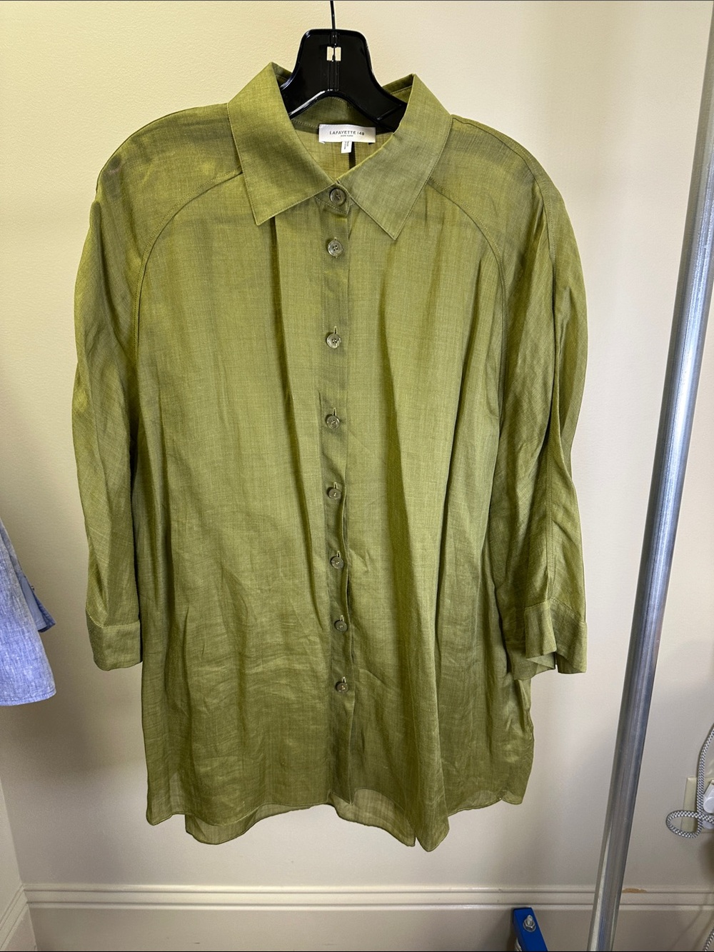 Lafayette 148 New York Olive Green Linen Button-Down Shirt